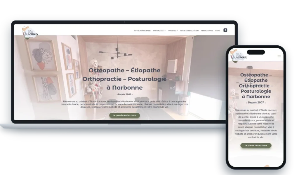 Site internet du cabinet d’ostéopathie Élodie Lacroux à Narbonne, réalisé par ex æquo – version ordinateur et mobile