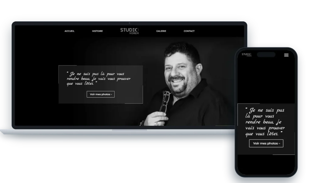 Site internet du Studio Vorem, photographe portraitiste à Narbonne, réalisé par ex æquo – version ordinateur et mobile